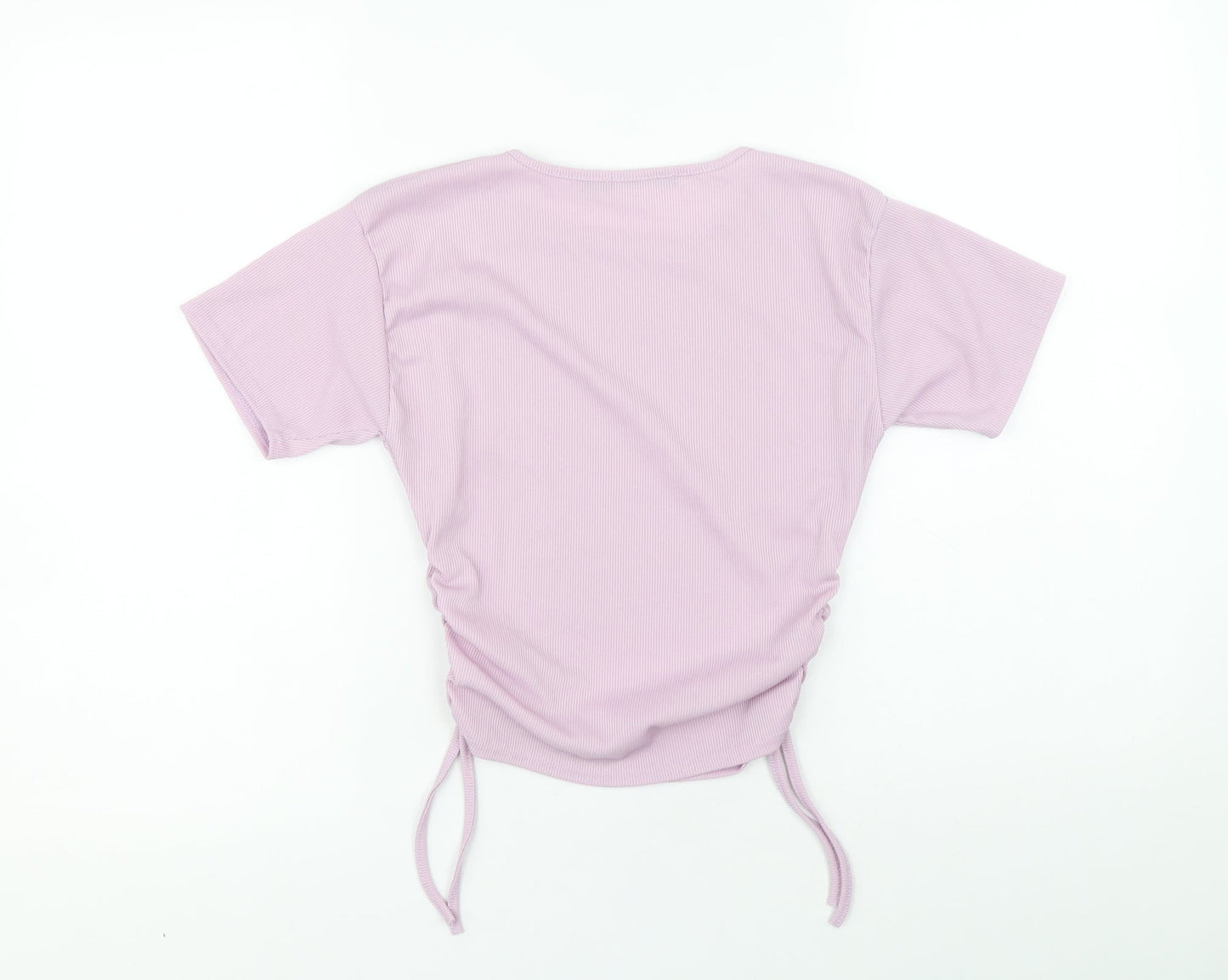 I SAW IT FIRST Womens Purple Polyester Cropped T-Shirt Size 6 Round Neck - Ribbed Side Tie Ruched