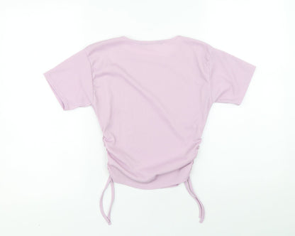 I SAW IT FIRST Womens Purple Polyester Cropped T-Shirt Size 6 Round Neck - Ribbed Side Tie Ruched