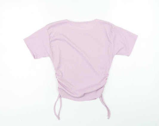 I SAW IT FIRST Womens Purple Polyester Cropped T-Shirt Size 6 Round Neck - Ribbed Side Tie Ruched