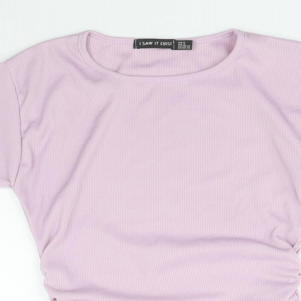 I SAW IT FIRST Womens Purple Polyester Cropped T-Shirt Size 6 Round Neck - Ribbed Side Tie Ruched