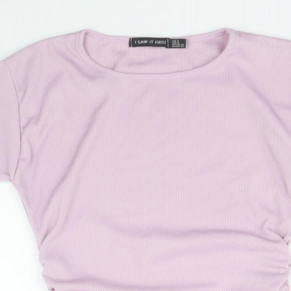I SAW IT FIRST Womens Purple Polyester Cropped T-Shirt Size 6 Round Neck - Ribbed Side Tie Ruched
