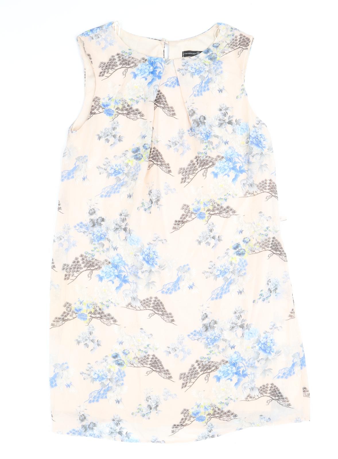 Primark Womens Beige Floral Polyester A-Line Size 12 Round Neck Button