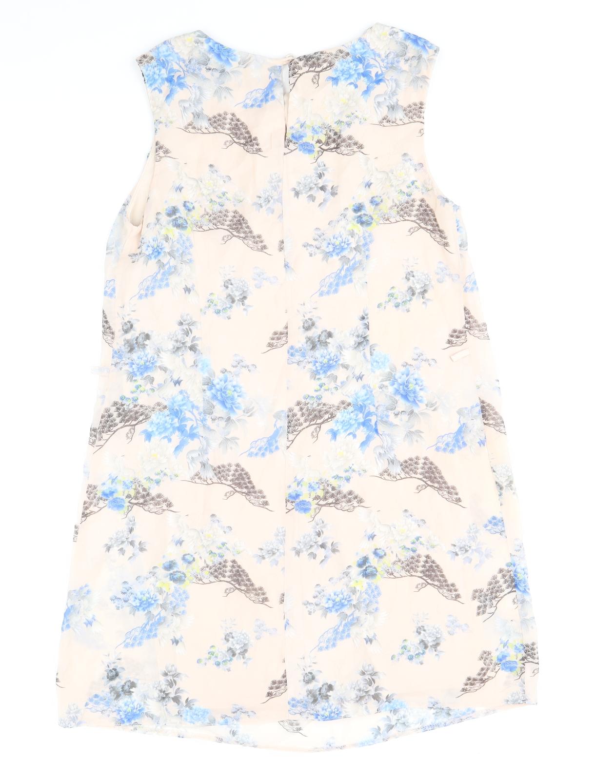 Primark Womens Beige Floral Polyester A-Line Size 12 Round Neck Button