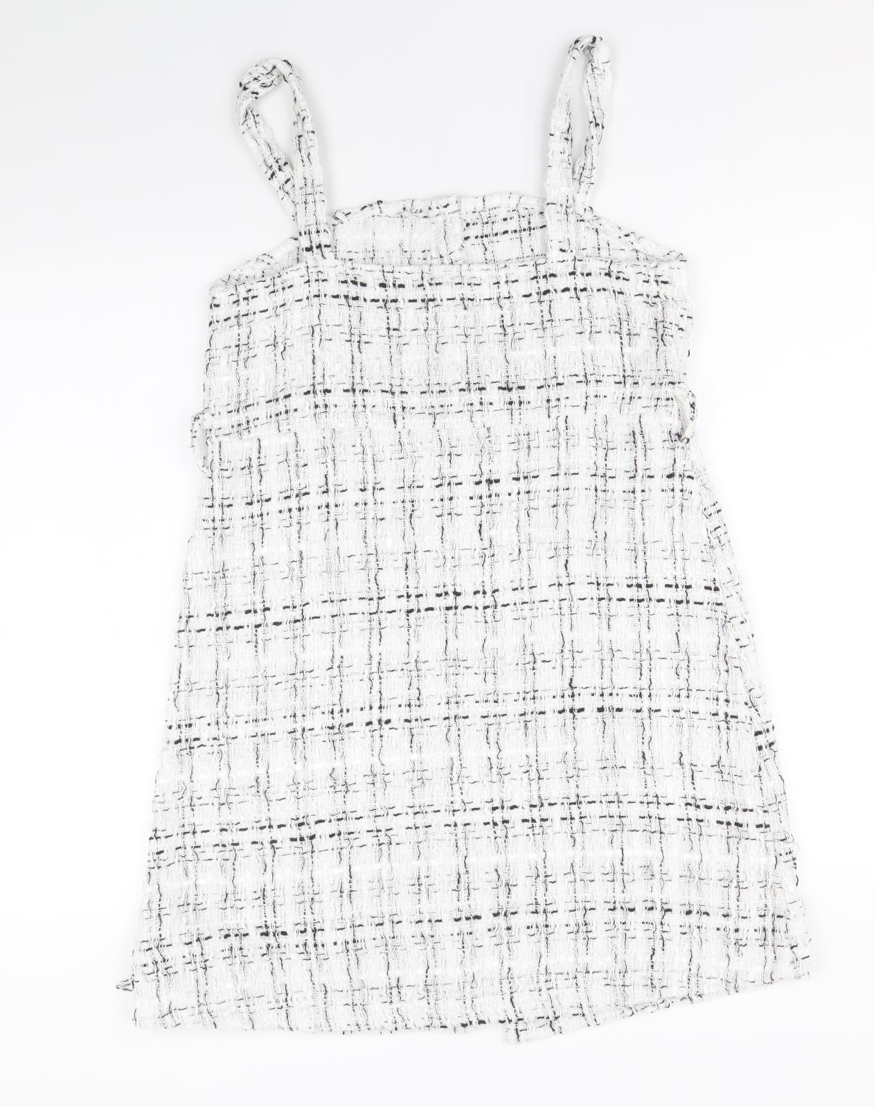 SheIn Girls White Geometric Polyester Pinafore/Dungaree Dress Size 11-12 Years Square Neck Button