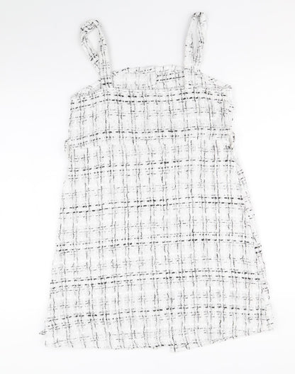 SheIn Girls White Geometric Polyester Pinafore/Dungaree Dress Size 11-12 Years Square Neck Button