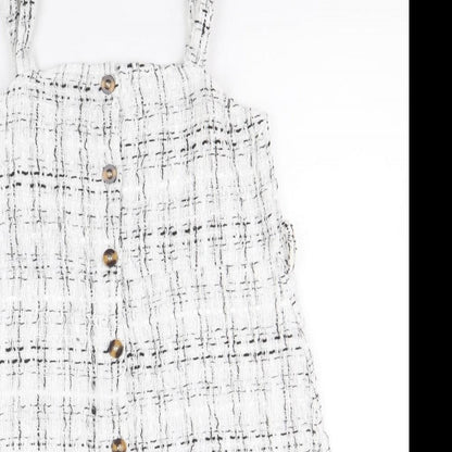 SheIn Girls White Geometric Polyester Pinafore/Dungaree Dress Size 11-12 Years Square Neck Button