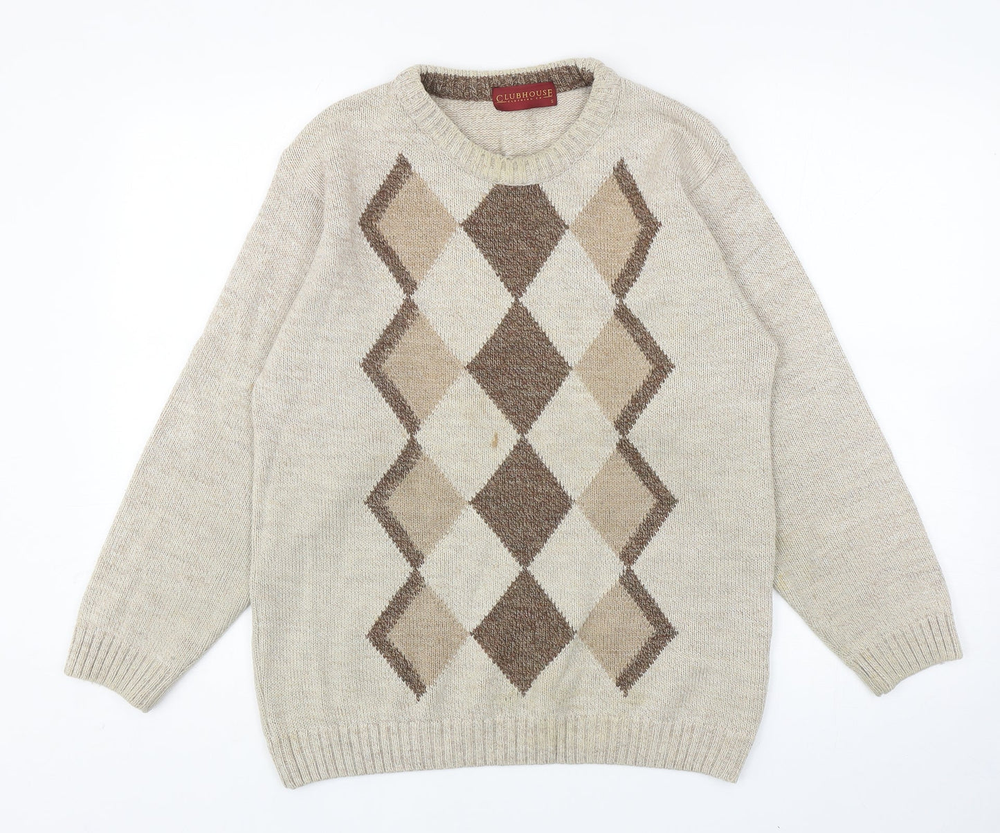 Clubhouse Mens Beige Round Neck Argyle/Diamond Acrylic Pullover Jumper Size S