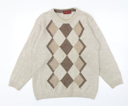 Clubhouse Mens Beige Round Neck Argyle/Diamond Acrylic Pullover Jumper Size S