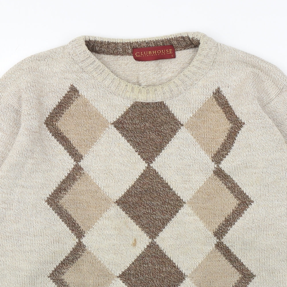 Clubhouse Mens Beige Round Neck Argyle/Diamond Acrylic Pullover Jumper Size S