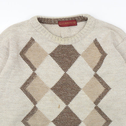 Clubhouse Mens Beige Round Neck Argyle/Diamond Acrylic Pullover Jumper Size S