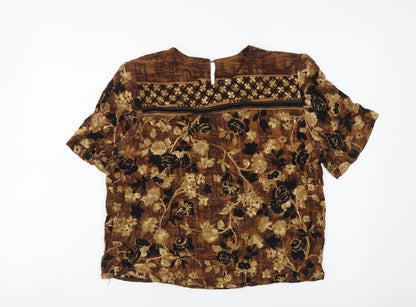 Melisa Lawrence Womens Brown Floral Viscose Basic T-Shirt Size M Round Neck