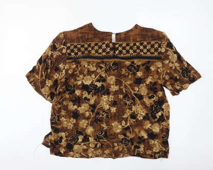 Melisa Lawrence Womens Brown Floral Viscose Basic T-Shirt Size M Round Neck