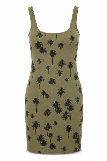Topshop Womens Green Floral Cotton Tank Dress Size 6 Scoop Neck Pullover - Palm Tree Print