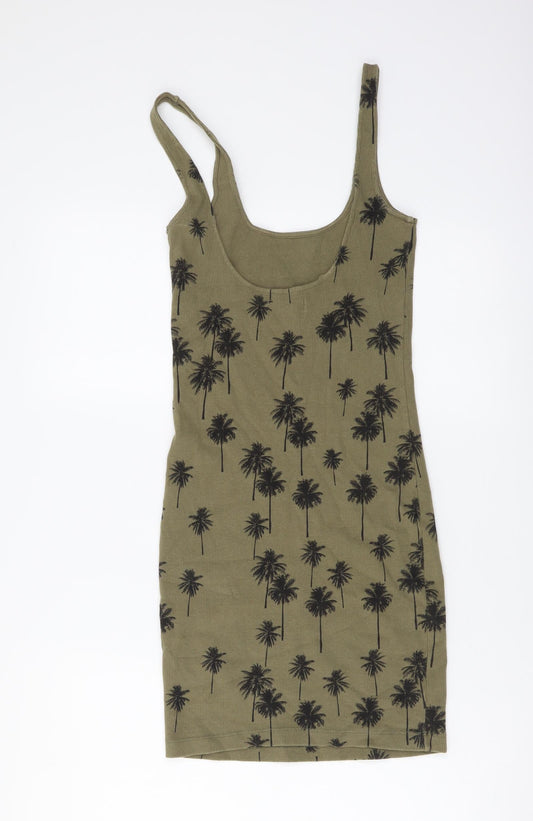 Topshop Womens Green Floral Cotton Tank Dress Size 6 Scoop Neck Pullover - Palm Tree Print