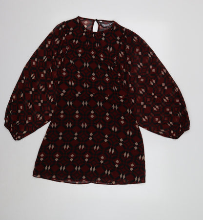 Zara Womens Red Geometric Polyester Shift Size 8 Round Neck Button