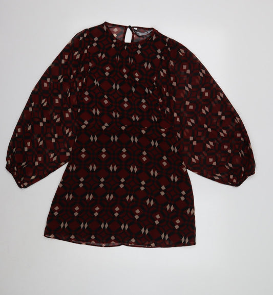 Zara Womens Red Geometric Polyester Shift Size 8 Round Neck Button