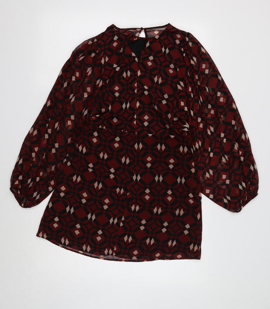 Zara Womens Red Geometric Polyester Shift Size 8 Round Neck Button