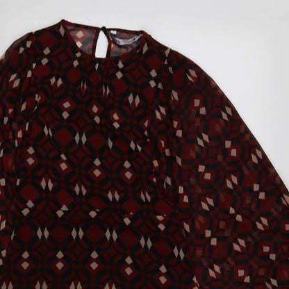 Zara Womens Red Geometric Polyester Shift Size 8 Round Neck Button