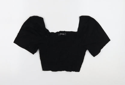 Boohoo Womens Black Cotton Cropped T-Shirt Size 4 Square Neck - Shirred Bust