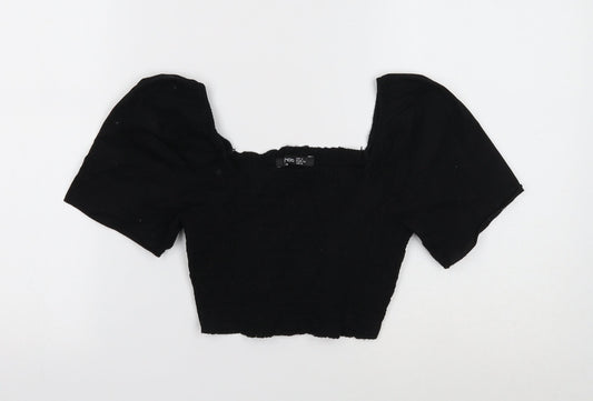 Boohoo Womens Black Cotton Cropped T-Shirt Size 4 Square Neck - Shirred Bust