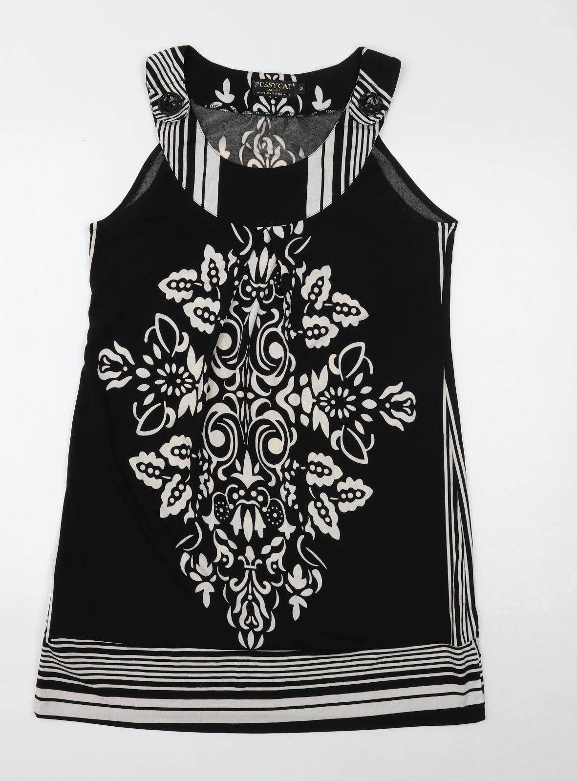 Pussycat Womens Black Geometric Polyester A-Line Size M Round Neck Button