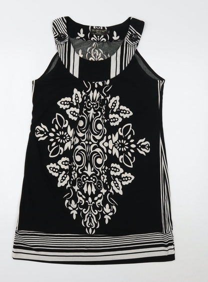 Pussycat Womens Black Geometric Polyester A-Line Size M Round Neck Button