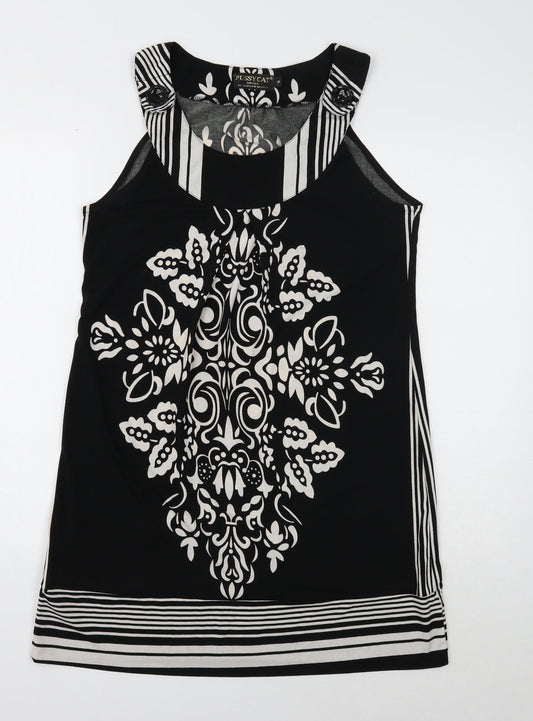 Pussycat Womens Black Geometric Polyester A-Line Size M Round Neck Button