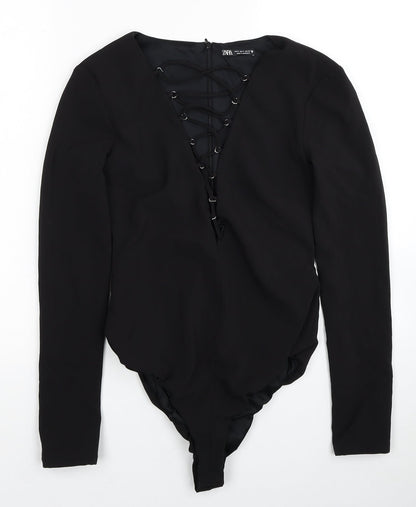 Zara Womens Black Polyester Bodysuit One-Piece Size S Snap