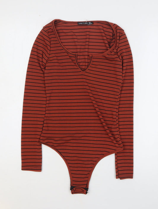 I SAW IT FIRST Womens Brown Striped Polyester Bodysuit One-Piece Size 8 Pullover