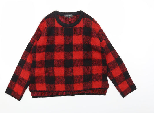 Primark Womens Red Round Neck Check Acrylic Pullover Jumper Size 2XS