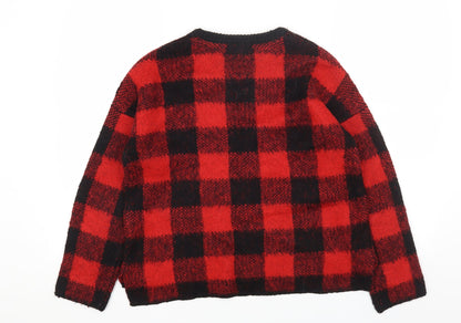 Primark Womens Red Round Neck Check Acrylic Pullover Jumper Size 2XS