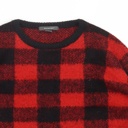 Primark Womens Red Round Neck Check Acrylic Pullover Jumper Size 2XS