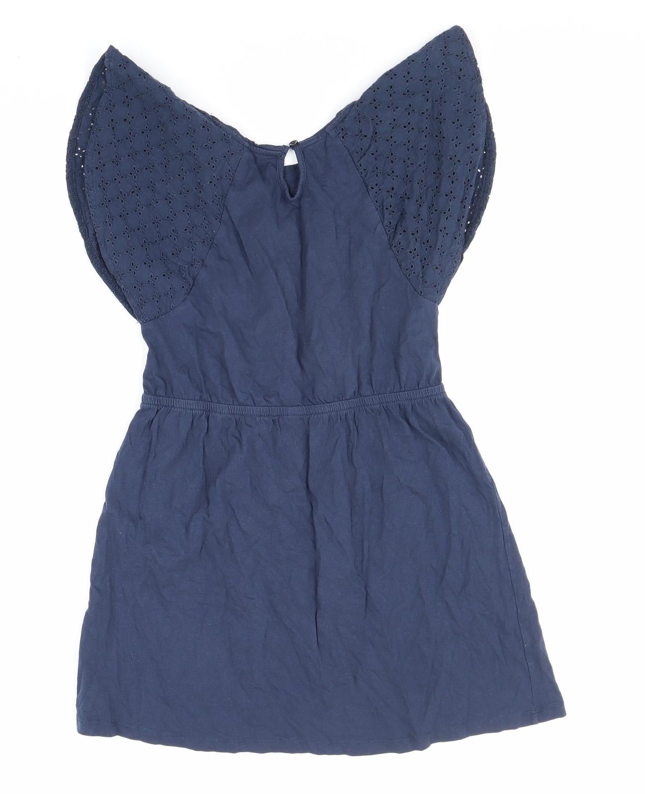Essential Womens Blue 100% Cotton Mini Size 6 Round Neck Button - Broderie Anglaise