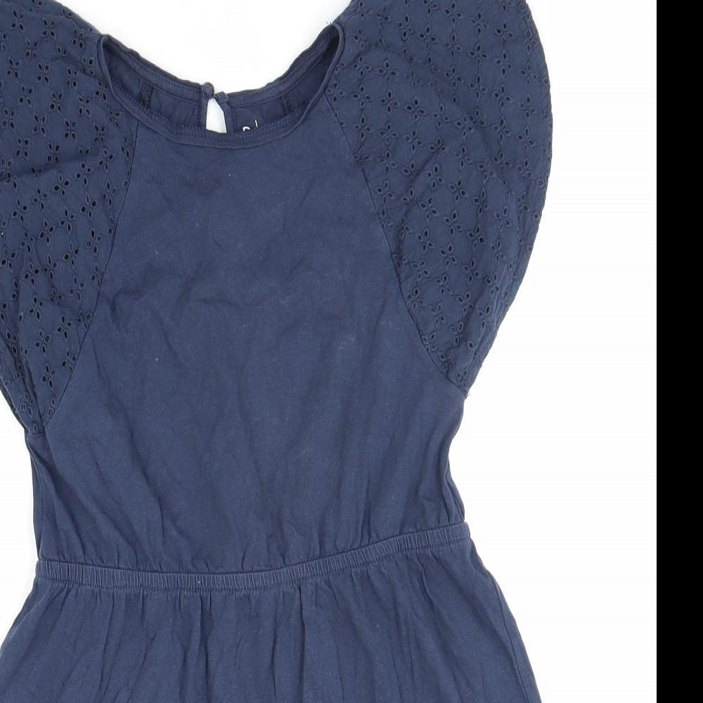 Essential Womens Blue 100% Cotton Mini Size 6 Round Neck Button - Broderie Anglaise
