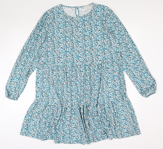 PEBBLE BAY Womens Blue Floral Polyester Shift Size 14 Round Neck Button
