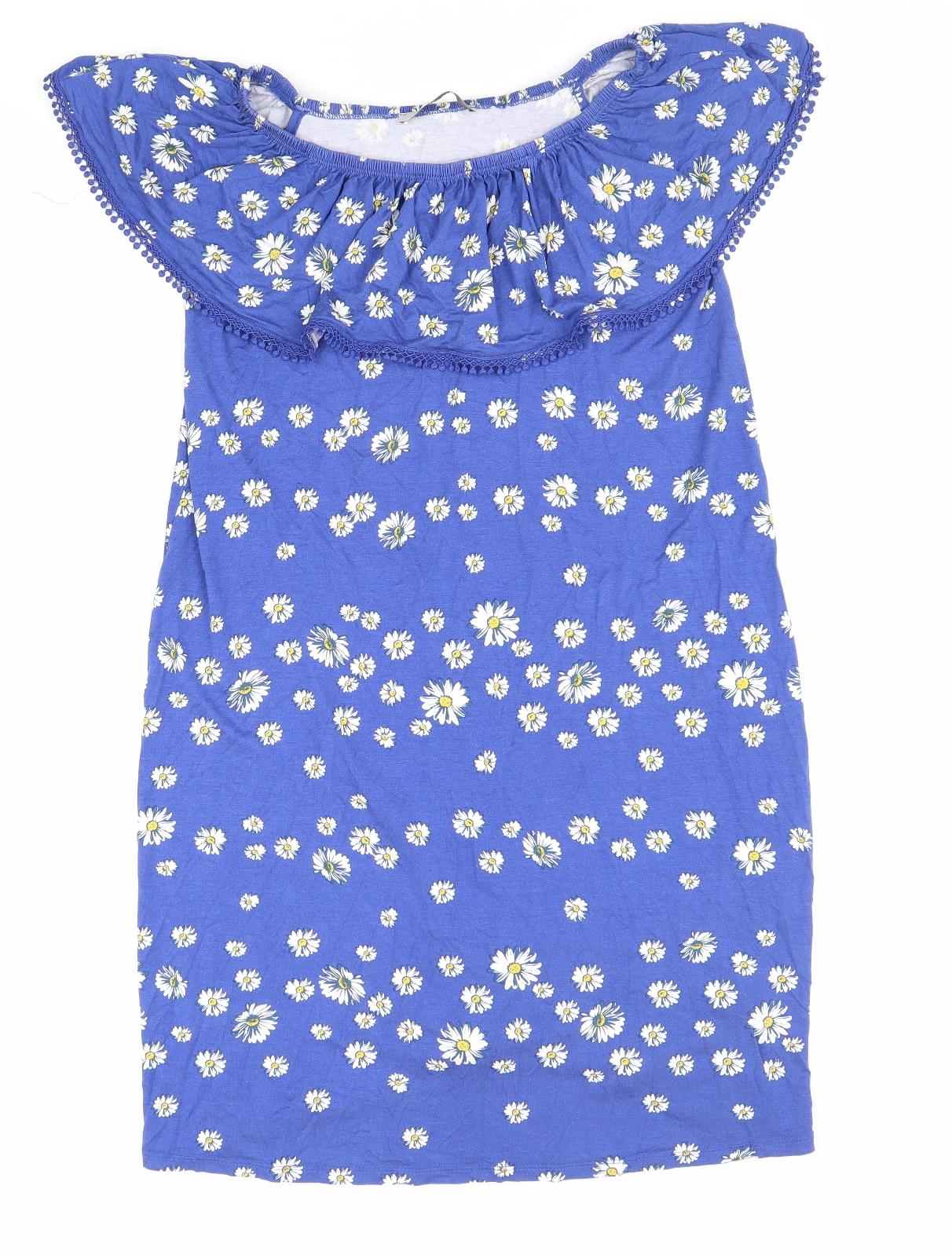 George Womens Blue Floral Viscose Mini Size 10 Off the Shoulder Pullover