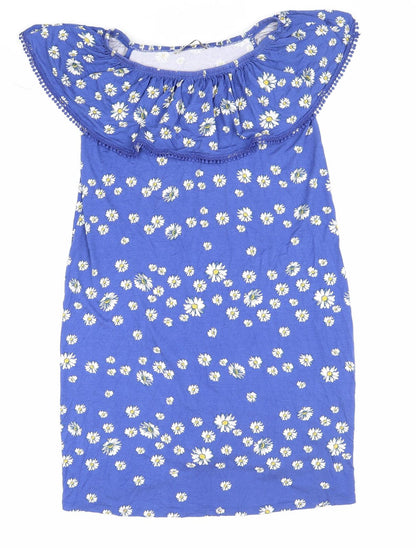 George Womens Blue Floral Viscose Mini Size 10 Off the Shoulder Pullover