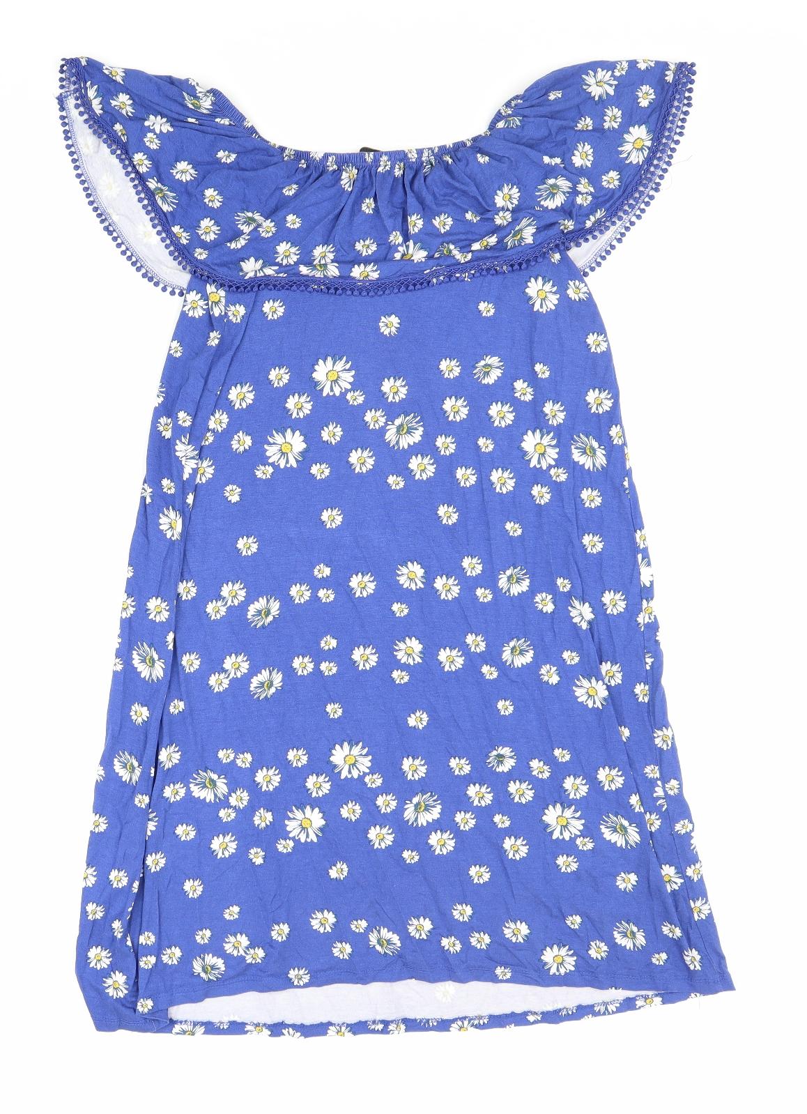 George Womens Blue Floral Viscose Mini Size 10 Off the Shoulder Pullover