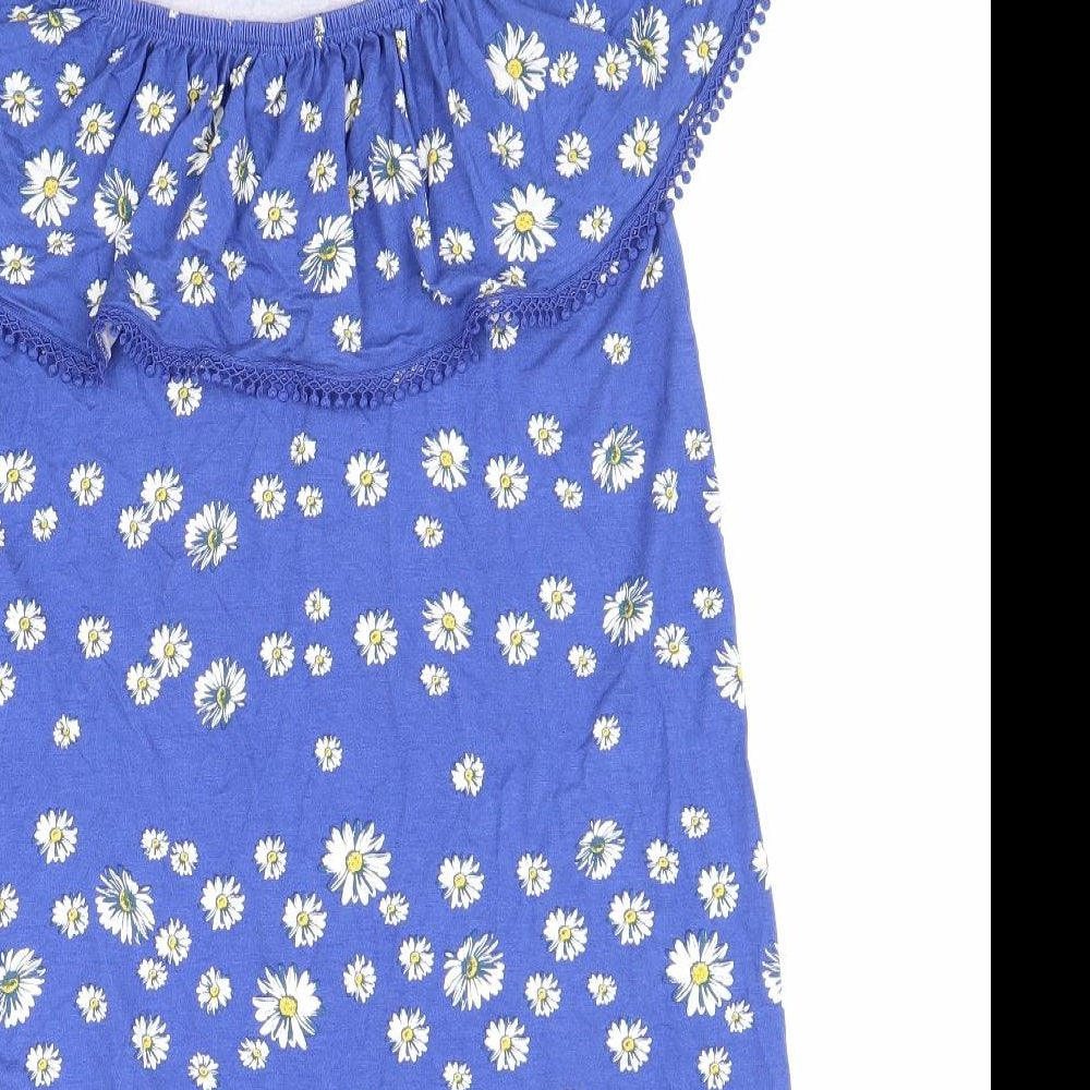 George Womens Blue Floral Viscose Mini Size 10 Off the Shoulder Pullover