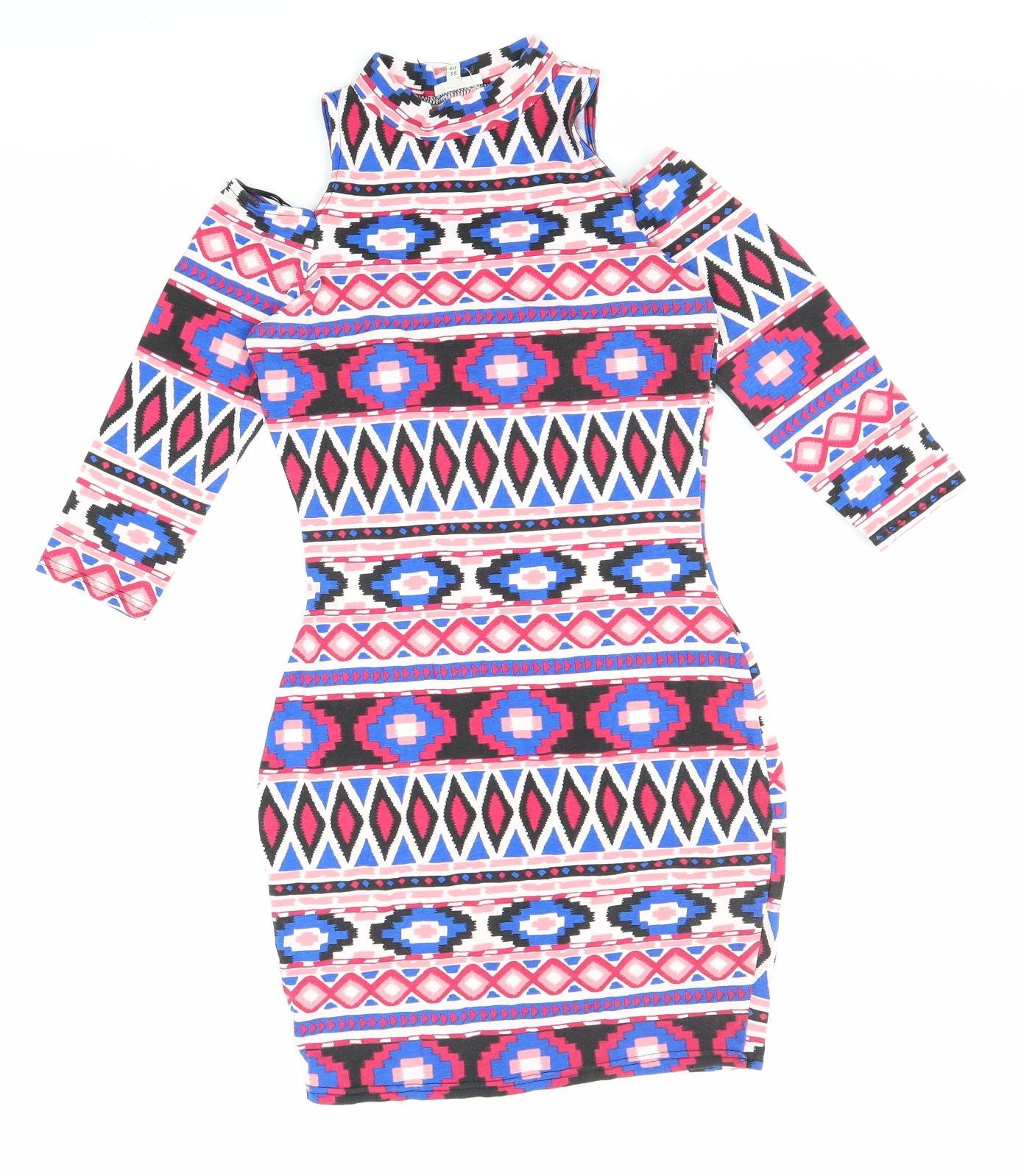 River Island Womens Multicoloured Geometric Polyester Bodycon Size 8 Mock Neck Pullover - Cold Shoulder
