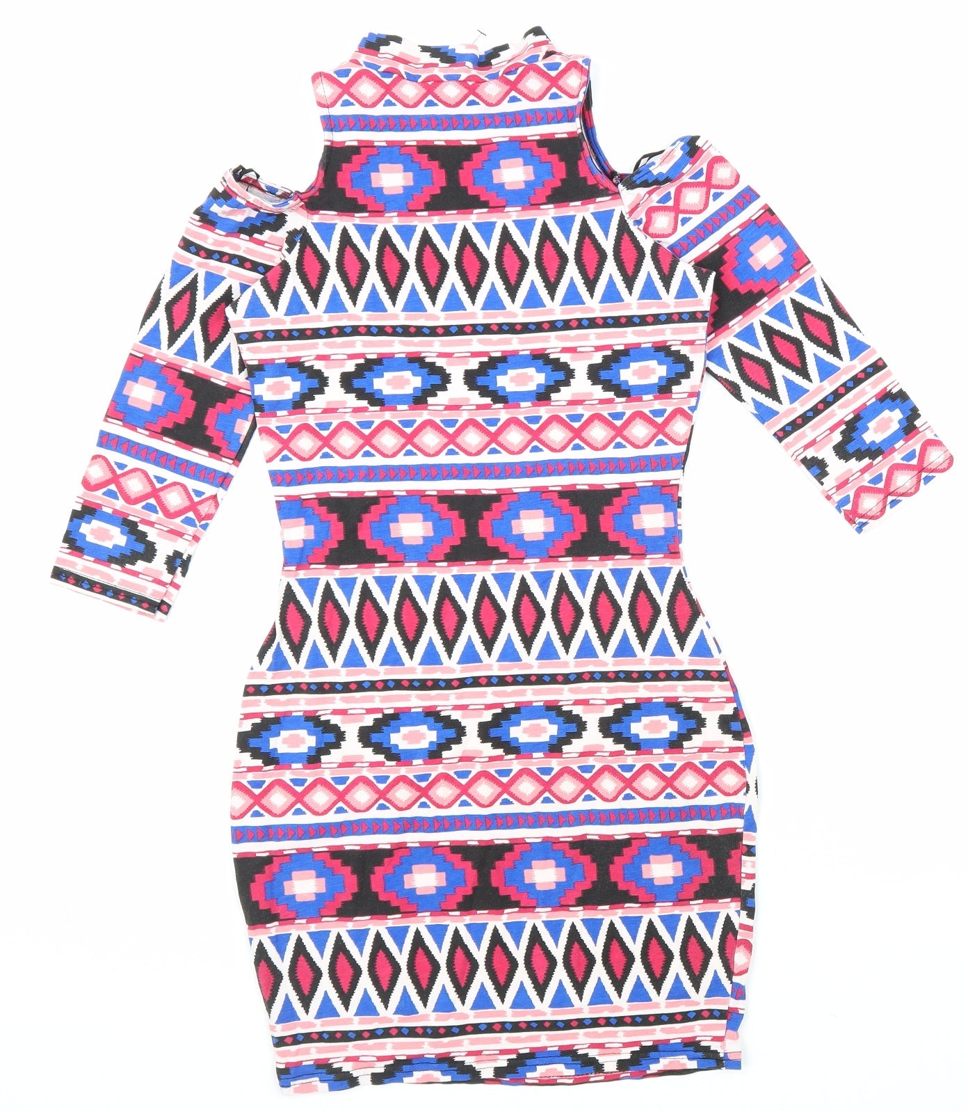 River Island Womens Multicoloured Geometric Polyester Bodycon Size 8 Mock Neck Pullover - Cold Shoulder