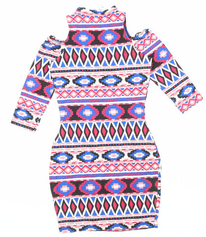 River Island Womens Multicoloured Geometric Polyester Bodycon Size 8 Mock Neck Pullover - Cold Shoulder