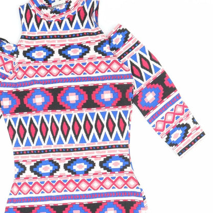 River Island Womens Multicoloured Geometric Polyester Bodycon Size 8 Mock Neck Pullover - Cold Shoulder