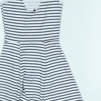 H&M Womens White Striped Polyester Skater Dress Size 6 Scoop Neck Pullover