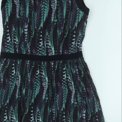 Jack Wills Womens Green Geometric Polyester Fit & Flare Size 10 Scoop Neck Zip