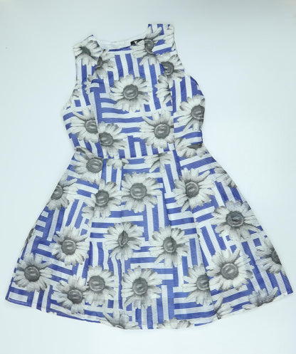 Cutie Womens Blue Floral Polyester Fit & Flare Size 12 Round Neck Zip