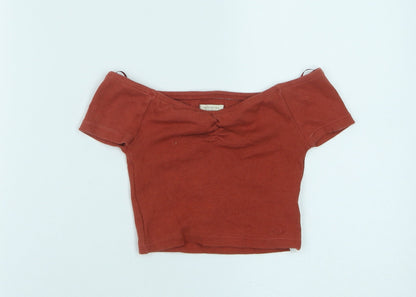 Pure Womens Orange Cotton Cropped T-Shirt Size S Off the Shoulder - Ribbed