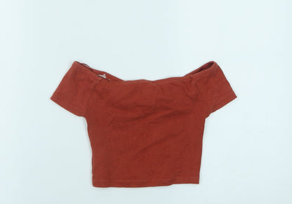 Pure Womens Orange Cotton Cropped T-Shirt Size S Off the Shoulder - Ribbed