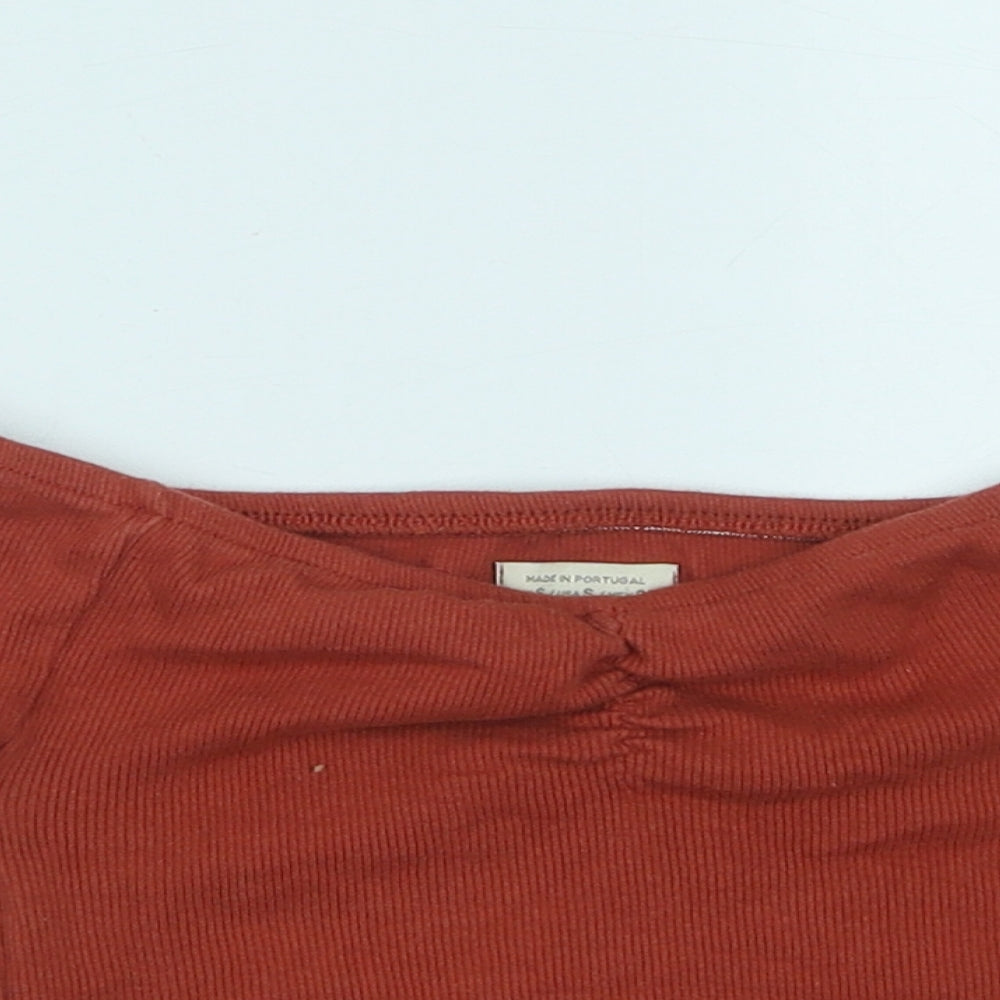 Pure Womens Orange Cotton Cropped T-Shirt Size S Off the Shoulder - Ribbed