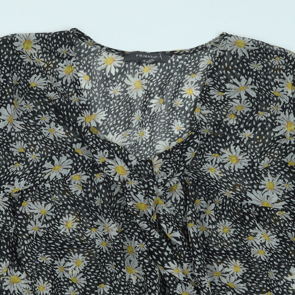 Primark Womens Black Floral Polyester Basic Blouse Size 10 Scoop Neck - Daisy Print Smock